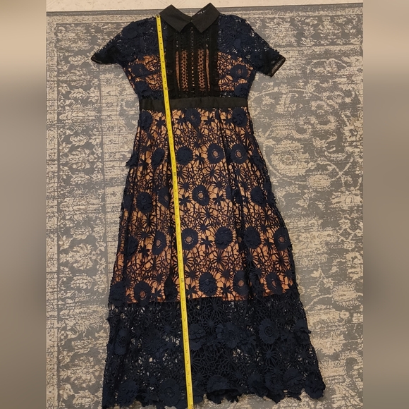 Few Moda NY hollow transparent cotton Elegant Navy Lace Black Trim Midi Dress - Picture 12 of 14